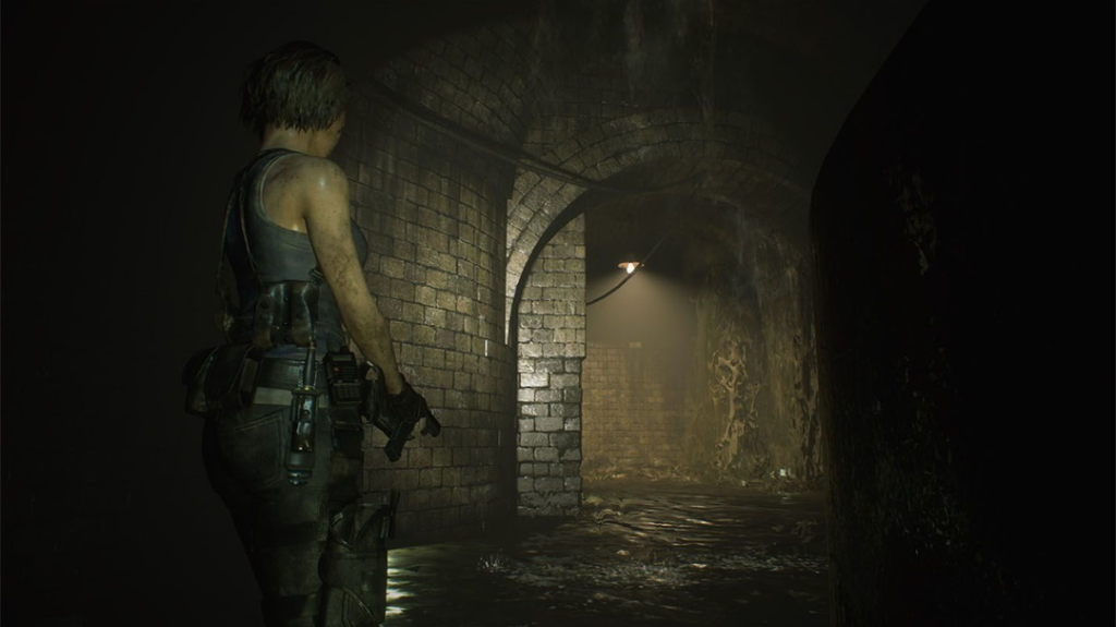 Jill Valentine exploring sewers in Resident Evil 3.
