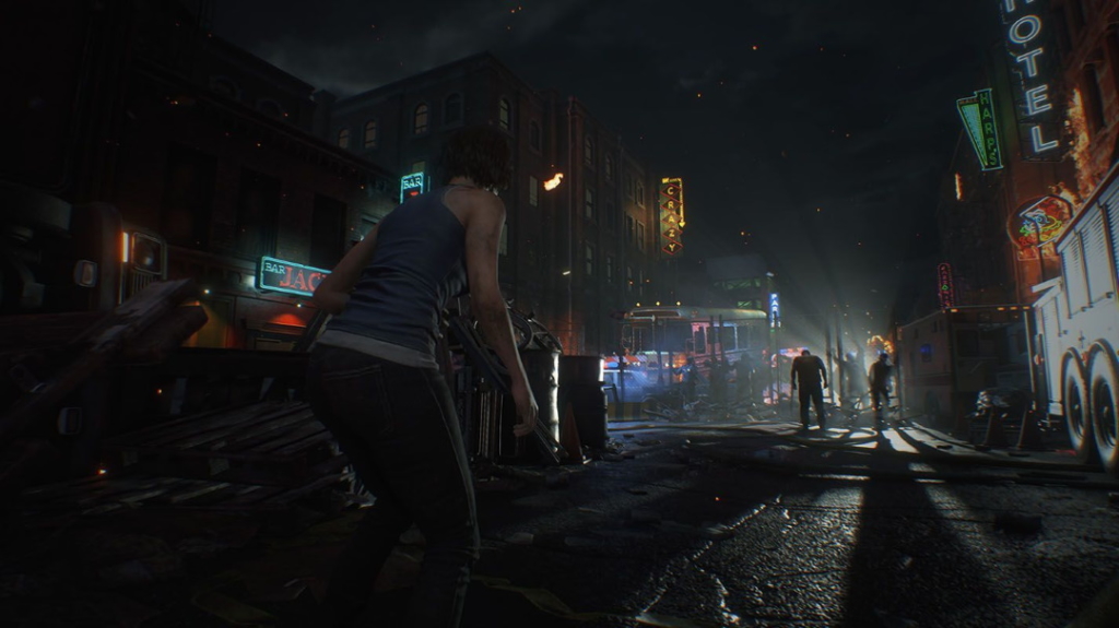 Jill Valentine exploring Raccoon City in Resident Evil 3.