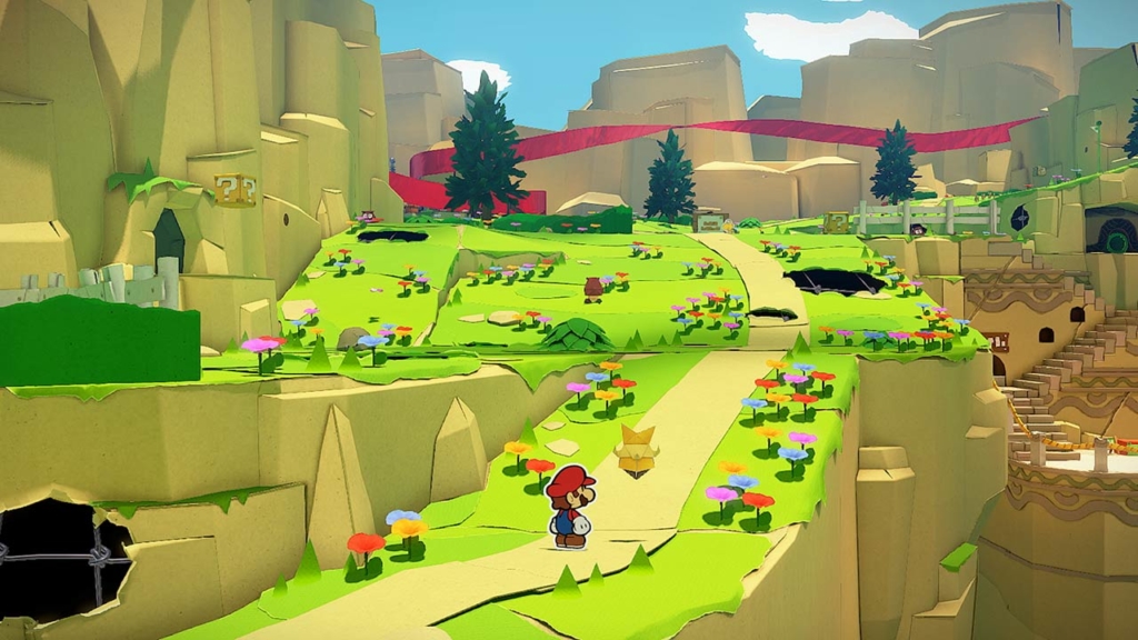 World exploration gameplay in Paper Mario: The Origami King on Nintendo Switch.