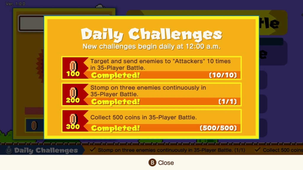 Super Mario Bros. 35 Daily Challenges screen.