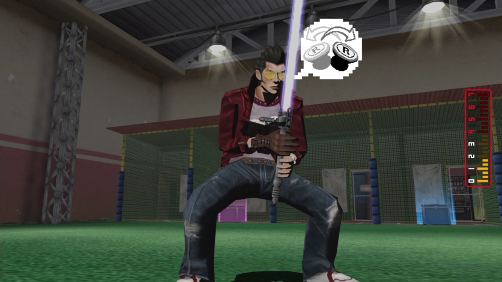 Travis Touchdown recharging his beat katana in No More Heroes on Nintendo Switch.